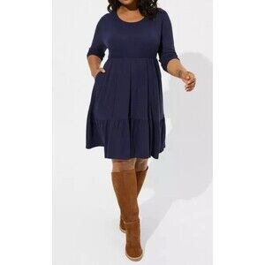 Torrid At The Knee Jersey Waffle Skater Dress Size 4X Navy Blue Tiered Crew Neck